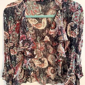 Le Caviar Women's Paisley Ruffle Blouse in Black & Red